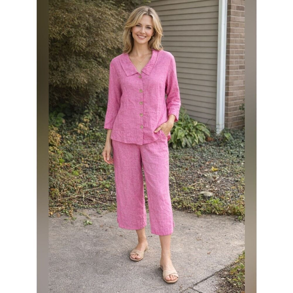 Two Star Dog Pink Linen Button Down Shirt and Cropped Pants